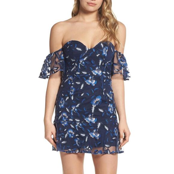 Bardot Sapphire Embroidered Lace Off Shoulder Dress Size L - Picture 1 of 6